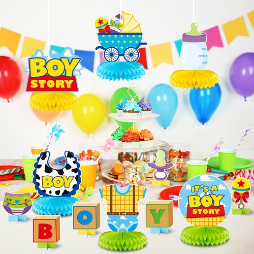 Andi Cppss Boy Story Honeycomb Centerpieces - 12PCS Boy Story Baby Shower Party Honeycomb Centerpieces Baby Boys Party Table Decoration It’s a Boys Stories Table Topper for Birthday Party Supplies