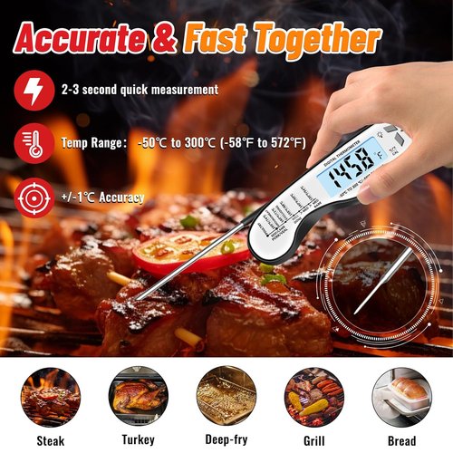 Meat Thermometer - Skiennix IP67 Waterproof Digital Thermometer with Backlight & Magnet | Perfect for BBQ & Cooking