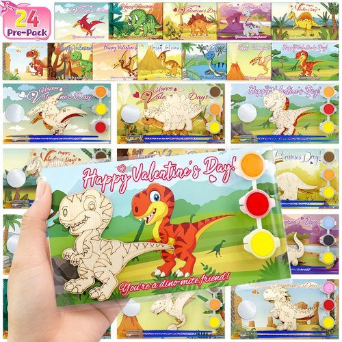 Convivialo 24 Pre-Packaged Valentines Cards for Kids Classroom School Exchange, Dinosaur Wood Crafts Painting Kits, Preschool Valentines Day Gifts for Kids Party Favors