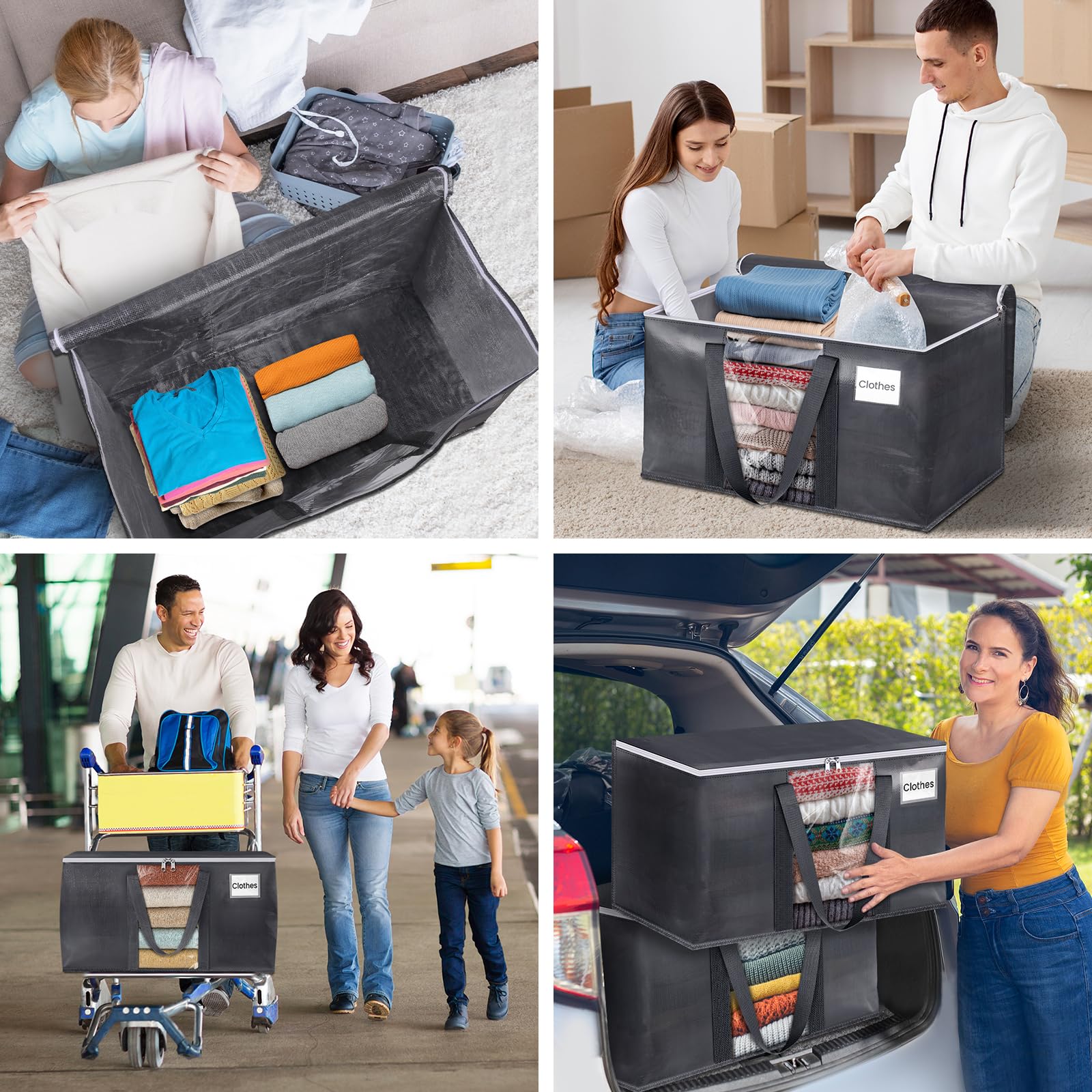 HomeHacks 10 Pack Extra Large Moving Bags with Visual PVC Window & Zippers, Storage Totes with Reinforced Handles, Heavy Duty Storage Bags for Packing, Moving, Storage (125L,Grey)