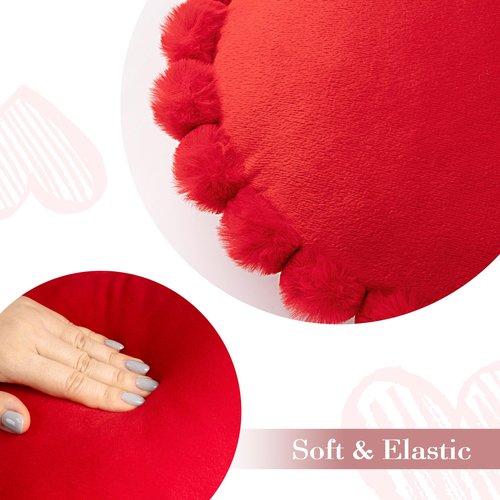 AELS Heart Shaped Pillow, Set of 2, Velvet Throw Pillows, Soft Velvet Love Pillows with Faux Fur Pom Poms, 20 & 16 Inches, Cute Valentines Day Decorations, Wedding Decor, Red