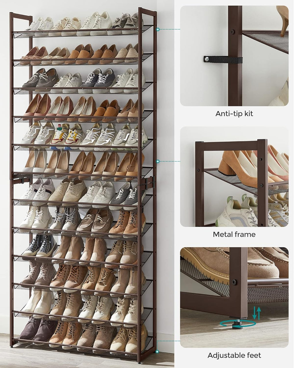 SONGMICS 12-Tier Shoe Rack - Stackable Metal Organizer for Garage | Holds 48-60 Pairs, Bronze Finish
