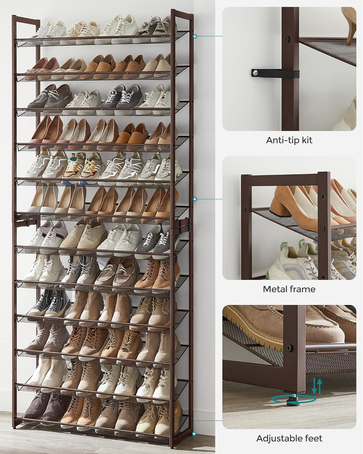 SONGMICS 12-Tier Shoe Rack - Stackable Metal Organizer for Garage | Holds 48-60 Pairs, Bronze Finish