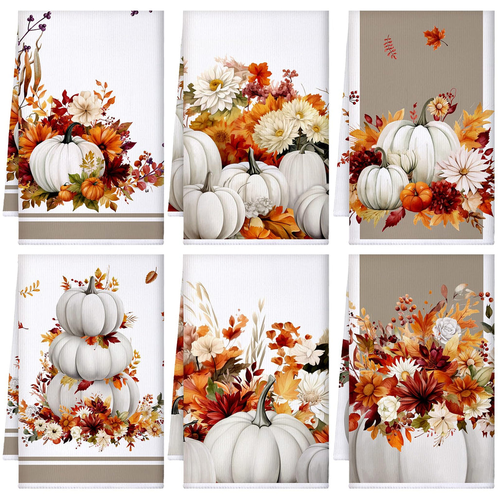 Geyoga Set of 6 Fall Kitchen Towels Autumn Dish Towels Rustic Pumpkin Hand Tea Towel Flower Kitchen Decors for Thanksgiving Fall Decorative Absorbent Fast Drying Cloth for Bathroom Cooking 16" x 24"