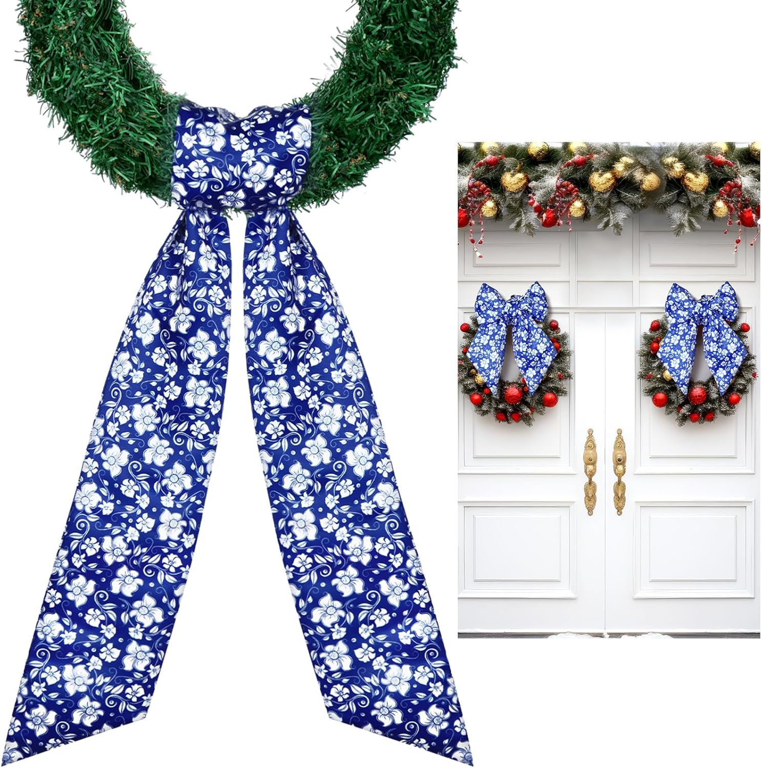 Skiennix Wreath Sash - Reversible Chinoiserie Decor for Monogram Garland | 2 Pcs Blue Style for Indoor/Outdoor Use