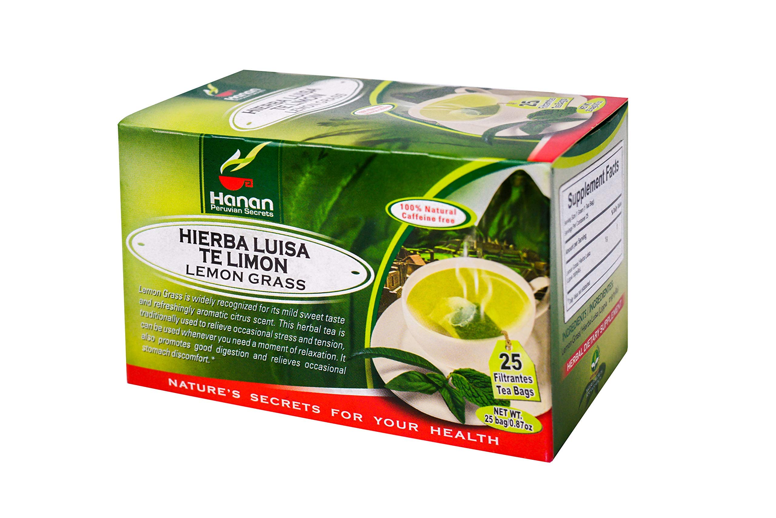 Hanan Peruvian Secrets Hierba Luisa Te Limon | 100% Natural Lemon Grass | 25 Tea Bags | Naturally Aids in Relieving Occasional Stress, Tension | Promotes Healthy Sleep and Digestion