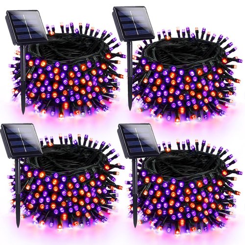 4 Pack 180FT Halloween Solar Lights Outdoor Waterproof, 320LED Orange and Purple Solar String Lights Green Wire 8 Modes, Solar Fairy Twinkle Lights for Halloween Tree Garden Horror Party Decorations