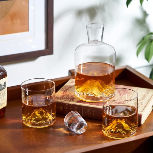 Viski Mountain Decanter and Tumbler Set, Percect for Scotch and Bourbon, Hand-Blown Whiskey Gifts for Men, Set of 3, 24oz Decanter, 9oz Tumblers