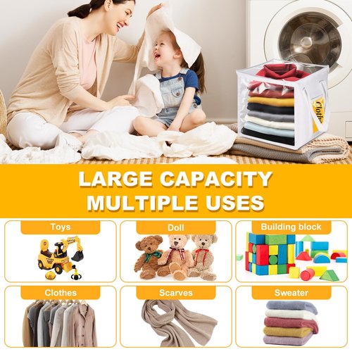 EVELOMO 4 Pack Clear Toy Storage Bins with Lids - 12" x 12" Storage Cube Bins, Foldable PVC Boxes with Handles, Storage Organizers for Toys, Clothes, Blocks, Stuffed Animal Storage(White)