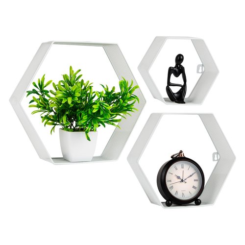 Mind Reader Hexagon Floating Shelves, Wall Decor, Honeycomb Accent Shelf, Office, Metal Mesh, 14" L x 4" W x 12" H, Set of 3, White