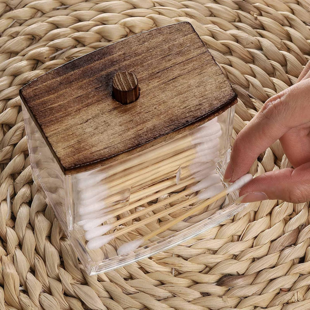 Tbestmax Cotton Swab Holder - Stylish Brown Wood Lid Apothecary Jar for Qtip Storage - 7 OZ