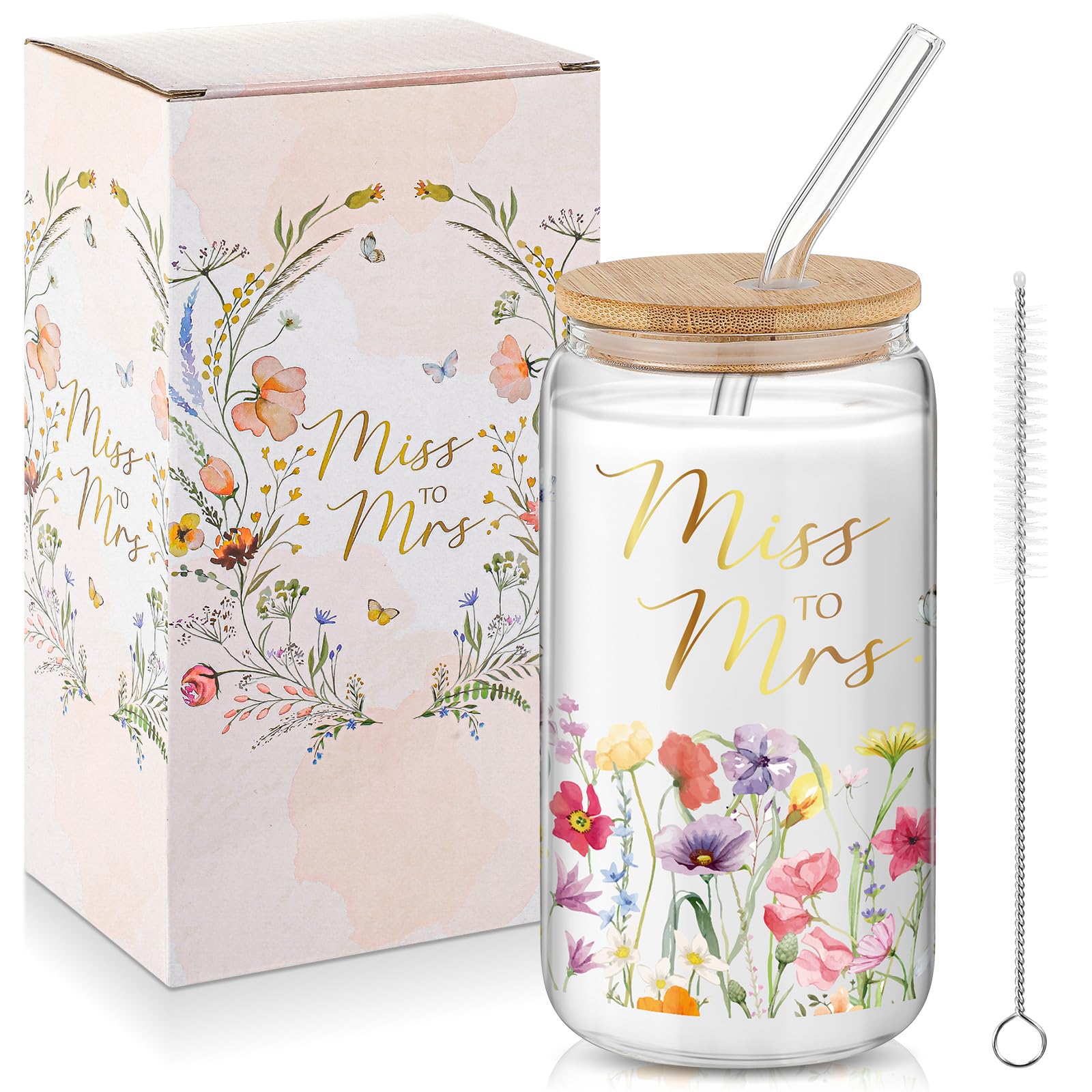 Mumufy Bride to Be Gifts 16oz ‘‘Miss to Mr’’ Bridal Tumbler Glass Cup with Bamboo Lid & Straw, Bridal Shower Engagement, Wedding Day & Bachelorette Party Gift for Future Mrs Wife Bride
