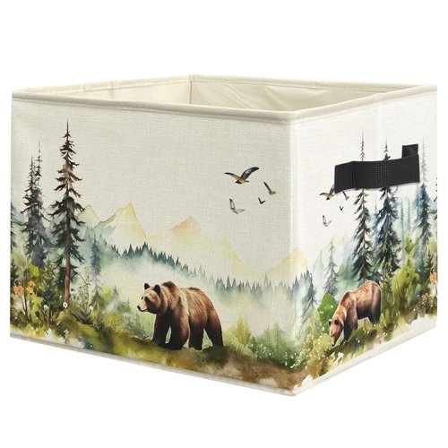 WARDOS Forest Brown Bear Nursery Storage Bin Box with Handles, Watercolor Wild Animal Bear Foldable Linen Fabric Laundry Basket for Kids Room Nursery Playroom Bathroom Clothes Toys Books