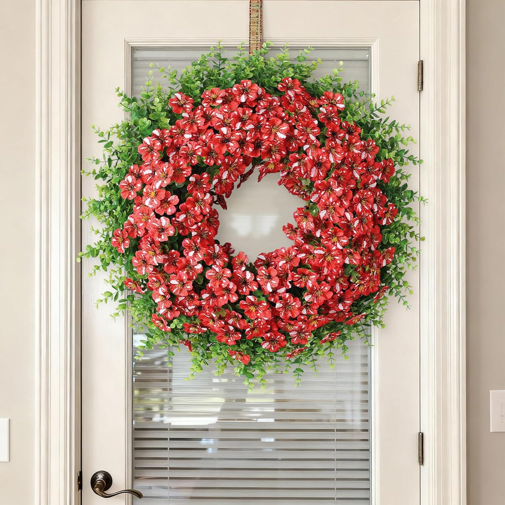 Starry Sky Morning Glory Wreath by 26" - Faux Eucalyptus & Flower Decor for Spring/Summer | Red