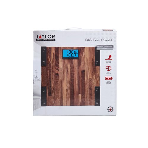 Taylor Digital Scales for Body Weight, Extra High Accurate 440 LB Capacity, Unique Blue LCD, Farmhouse Look, Auto On and OffScale, 12.4 x 12.4 Inches, Brown