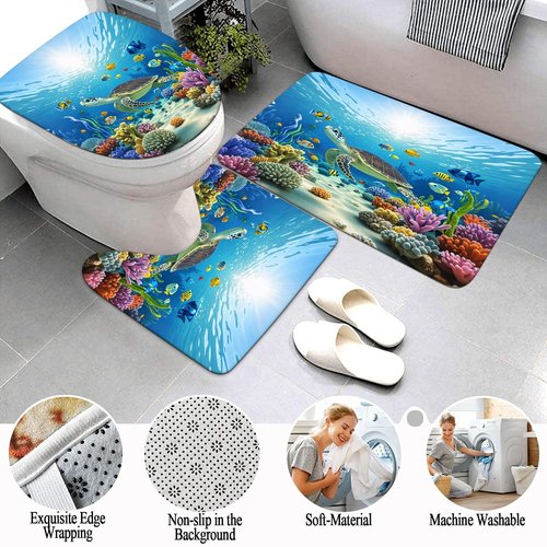 4PCS Sea Animal Shower Curtain Sets with Waterproof Shower Curtain, Non-Slip Bath Mat, Absorbent Rug, and Toilet Lid Cover, Sea Turtle Summer Home Bathroom Decor Set Independence Day, Easy to Maintain