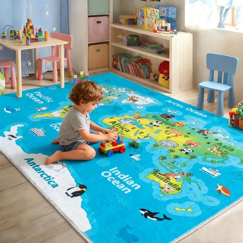 OHDS Kids Playroom Rug, 4x5ft World Map Play Mat with Cute Animals, Washable Durable Soft Carpet Kid Educational Rugs for Boys Girls Bedroom Nursery Classroom