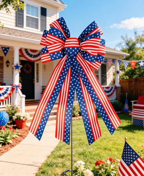 Large Patriotic Wreath Bow - 4th of July Decor | Star & Stripe American Flag Bow for Indoor/Outdoor Use (11.4 x 20.8 in)