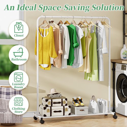 Simple Trending Standard Clothes Clothing Garment Rack with Storage Shelves, Rolling Clothes Organizer on Wheels for Hanging Clothes, White