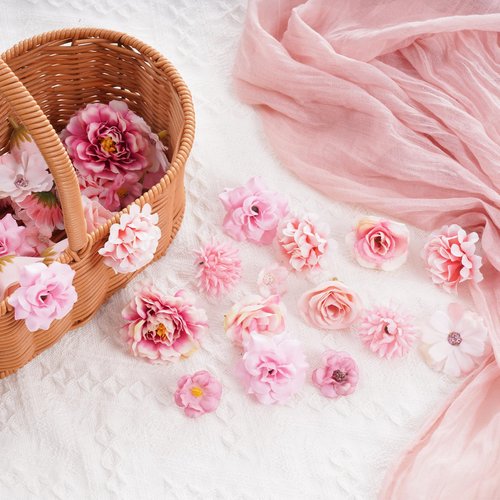 54Pcs Faux Flowers Heads Small Decorative Flowers for Crafts Cake Wreath Garlands Wedding Table Home Decoration