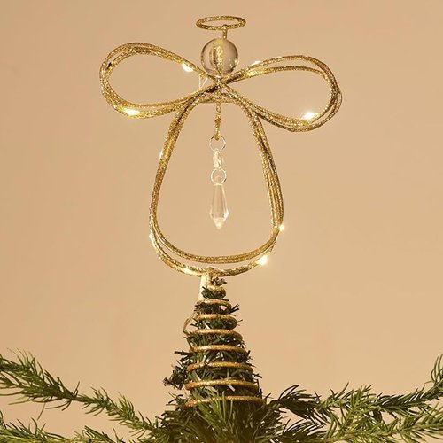 Valery Madelyn Lighted Christmas Tree Topper Angel with Timer, 10 Inch Pre-Lit Gold Metal Small Angel Tree Topper with Lights for Christmas Tree Decoration Indoor, Battery Operated, Valentines Gifts
