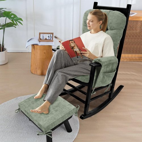 Glyzia 5 PCS Glider Rocker Replacement Cushions with Storage Side Pocket, Luxuriy Chenille Fabric Foam & Microfiber Filling, Thickened & Supportive Rocking Chair Cushion Set, Light Green