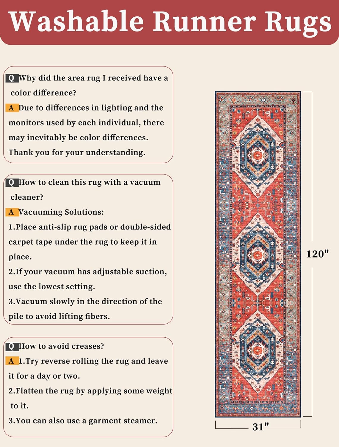 SERISSA Runner Rug - Vintage Rust Boho Design | Washable Non-Slip 2'6"x10' for Hallways & Kitchens