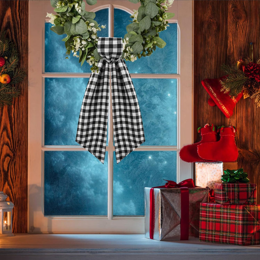 Skiennix 2 Pack Wreath Sash - Stylish Boxwood Garland for Front Door Decor | White & Black Plaid