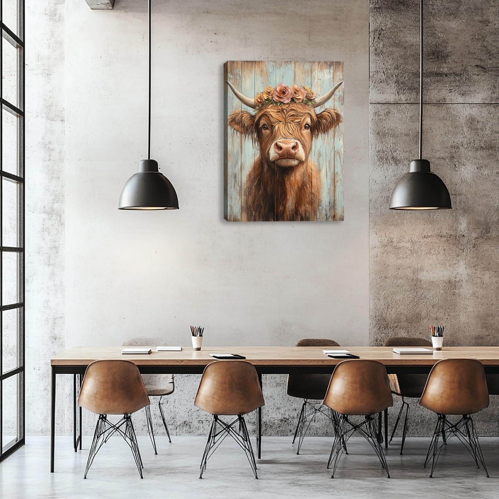 Highland Cow Canvas Wall Art for Living Room Rustic Farmhouse Picture Animal Print Painting Highland Cattle Flower Wall Decor Framed Artwork for Bedroom Office 24L x 18W