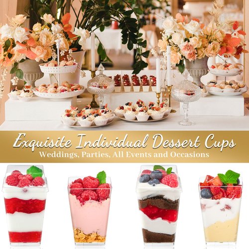 TOFLEN 50 Pack 5 oz Plastic Dessert Cups with High Lids for Party, Mini Dessert Cups with Spoons Dessert Shooter Cups for Yogurt Parfait, Appetizer, Pudding, Fruit and Ice Cream