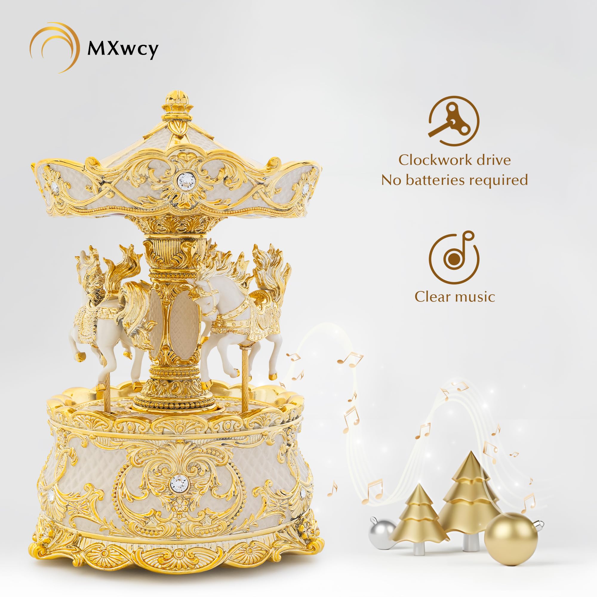 Carousel Music Box Gold & Ivory 8.7" Rotate Christmas Music Box for Kids & Adults, Classic Wind up Cylinder Music Box Valentines Day Gifts for Women Girls Mom Carousel Horse Musical Lantern Home Decor