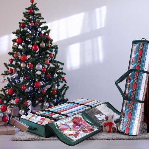 Hearth & Harbor Wrapping Paper Storage Container - Tear-Proof Christmas Bag for 36 Rolls - Green
