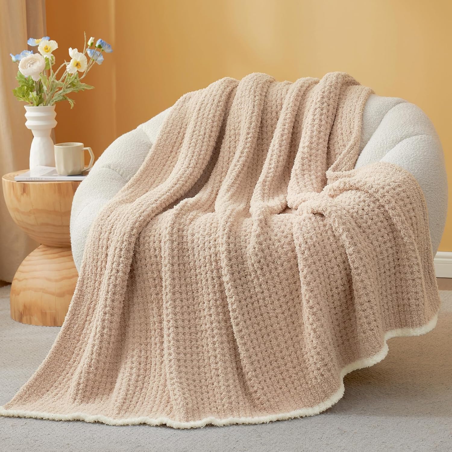 Snuggle Sac Waffle Throw Blanket - Reversible Cozy Microfiber Blanket 50x60 Inches in Beige | Perfect Gift for Women