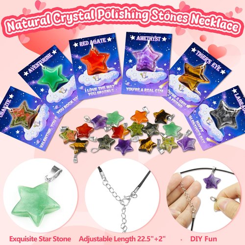 Kepmix Valentines Day Gifts for Kids Classroom: 24-Pack Valentines Day Cards with Rock Star Necklace for School Valentine Exchange, Party Favors with Gemstone Stars and Meaningful Cards