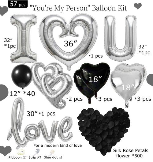 I Love You Balloons for Him/Her Balloons black Sliver romantic balloon kit with black Sliver +heart mylar balloons rose petals for hotel Decorations Valentines Party wedding anniversary supplies