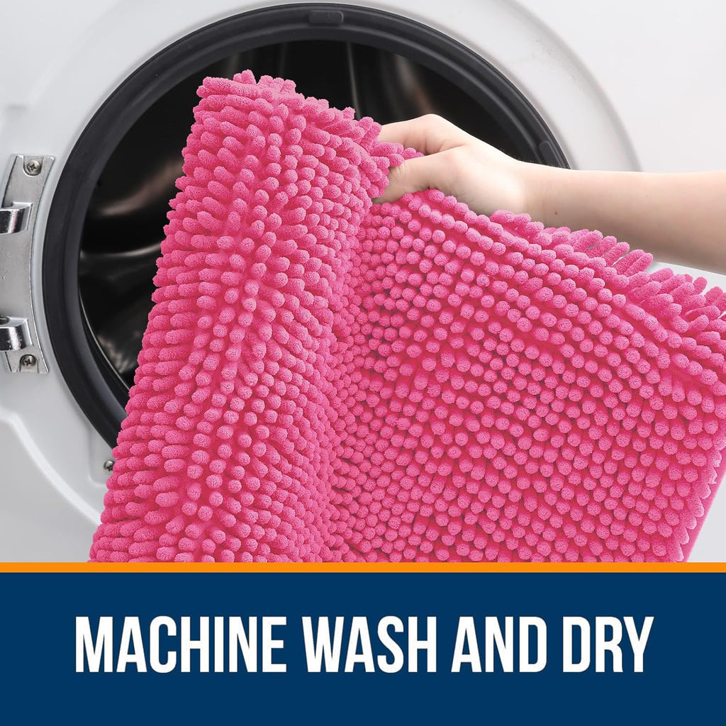 OLANLY Bathroom Runner Rugs - Soft Absorbent Chenille Bath Mats | Quick Dry, Machine Washable, 47x24, Hot Pink