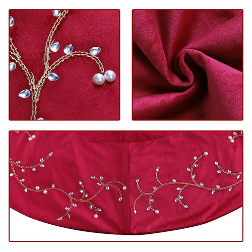 Bunny Chorus Christmas Tree Skirt, 60 inches Classic Large Velvet Fur Plush Red Tree Skirt, Baroque Tree Skirts with Gold Embroidered Pearls and Crystals for Merry Christmas
