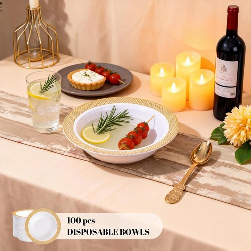 I00000 100 Gold Plastic Bowls, 12 oz White Disposable Bowls,Fancy Plastic Salad Bowl,Premium Heavy Duty Disposable Soup Bowl for Parties,Weddings,Dinners, Catering, Picnics
