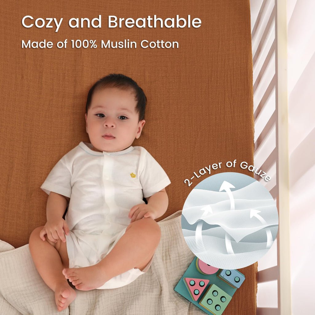 david's kids Muslin Mini Crib Sheets, 2 Pack Cotton Pack N Play Sheets for Boys Girls Neutral, Soft Breathable Baby Sheets Fit Pack N Play, Playard and Mini Crib Mattresses, Beige & Brown
