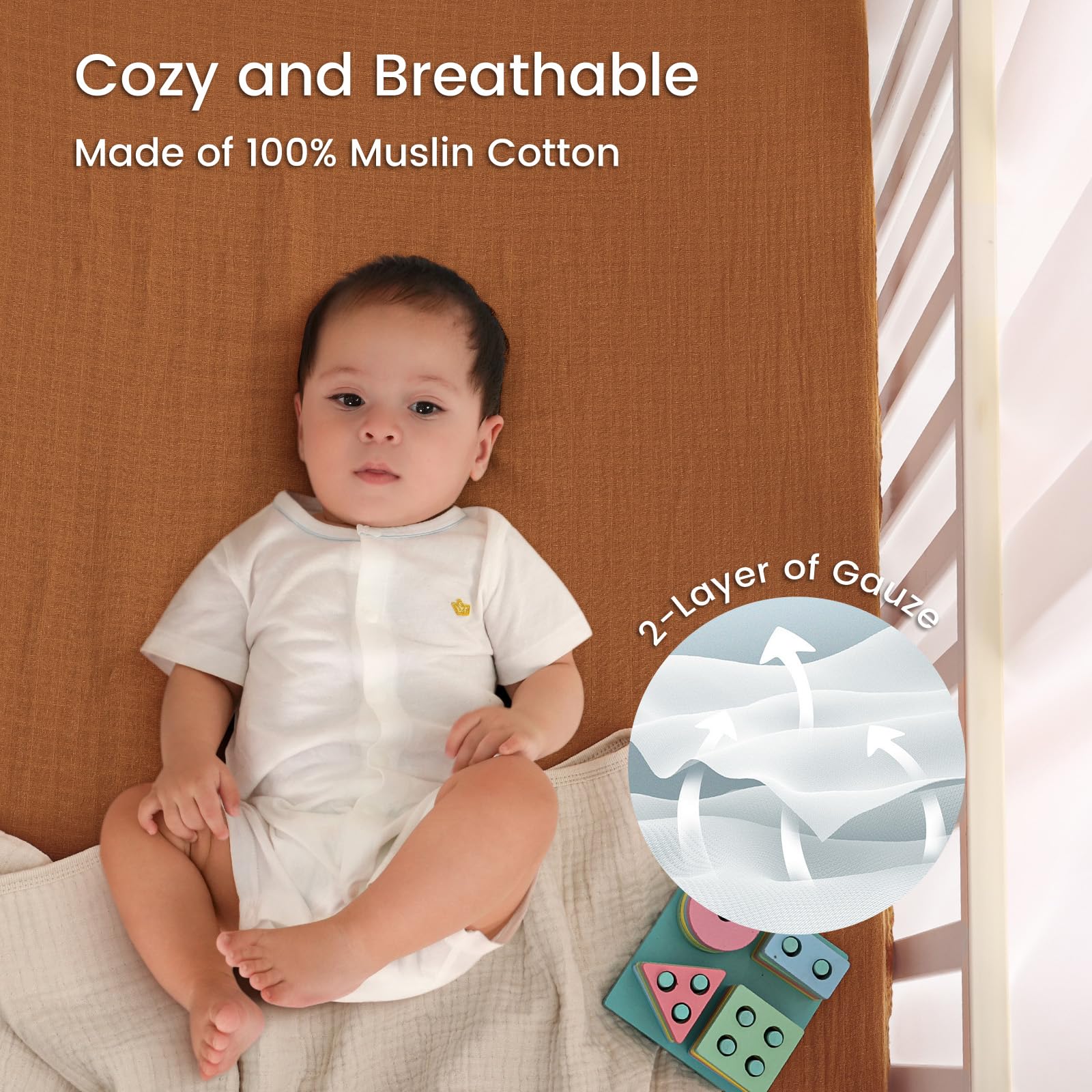 david's kids Muslin Mini Crib Sheets, 2 Pack Cotton Pack N Play Sheets for Boys Girls Neutral, Soft Breathable Baby Sheets Fit Pack N Play, Playard and Mini Crib Mattresses, Beige & Brown
