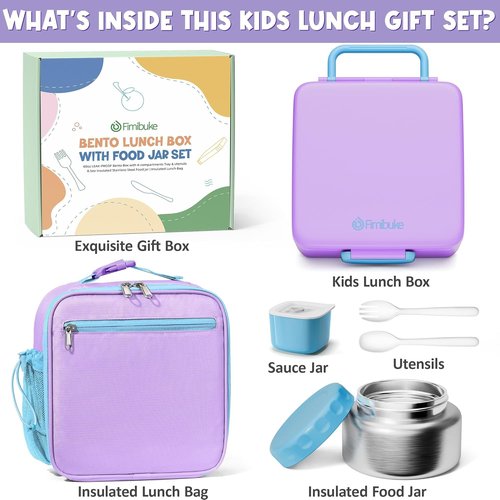Fimibuke Kids Bento Lunch Box - Leakproof & Insulated Food Jar with Bag & Utensils | BPA Free, 3-4 Compartments