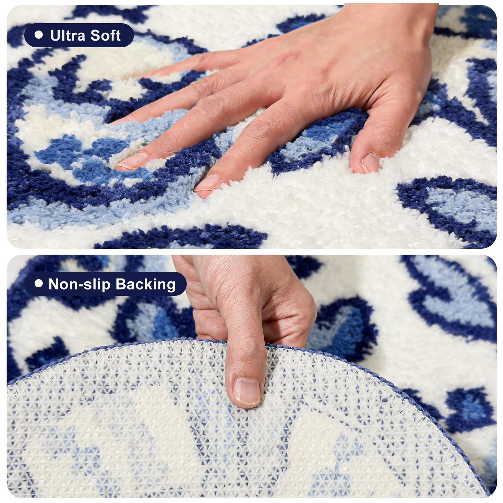 Softania Blue Delft Cat Rug - Cute Cat Bathroom Rug Super Absorbent & Non-Slip Bath Mat, Soft Fuzzy Cute Mat for Small Bathroom or Shower Floor