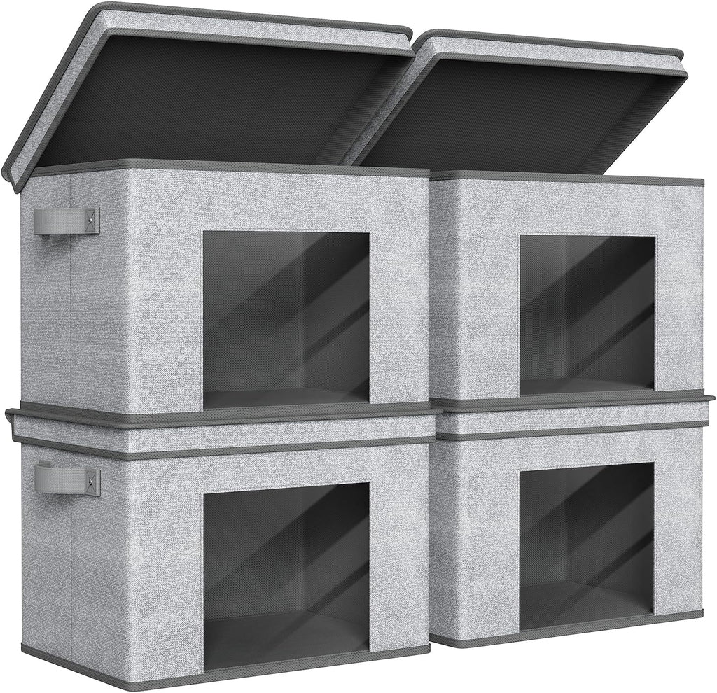 Univivi Foldable Fabric Storage Boxes - Large Collapsible Bins with Lids | 4-Pack Gray Cube Organizers (17" x 12" x 12")
