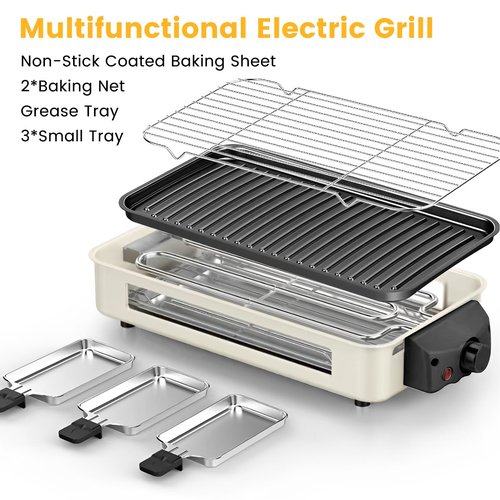 Electric Indoor Grill 1500W, YOHAWJAN 2 in 1 Smokeless Indoor Grills with Non-stick Removable Grill & Griddle Plate, Temperature Control, Portable Korean BBQ Grill with 3 Raclette Cheese Pans