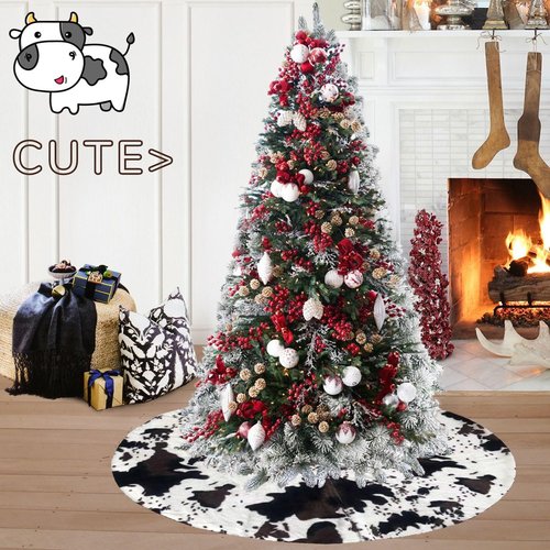 MandyQ Christmas Tree Skirt,30 Inches Cow Print Luxury Faux Fur Xmas Tree Mat for Christmas Holiday Decorations White and Black Cow/78