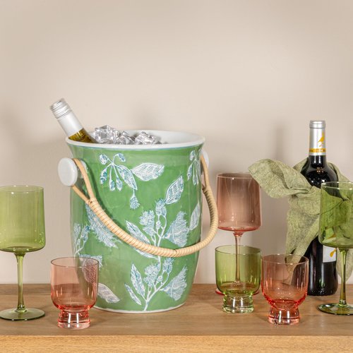 Creative Co-Op Green Ceramic Wine Cooler with Bamboo Handles