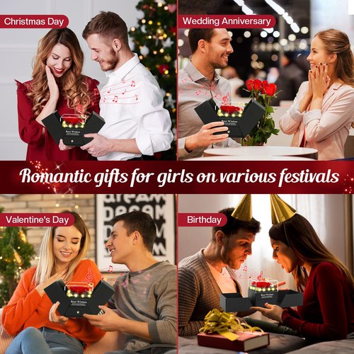 Pasuvsigt Valentines Day Rose Gifts for Her, Preserved Real Rose with I Love You Heart 100-Language Necklace, LED Lights & Music Box, Anniversary Birthday Valentines Gifts for Women Girlfriend Mom