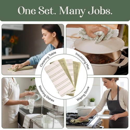 MosJos Kitchen Towels, Cotton Hand Towels, Sage Green and Cream Ribbed - Mini Weaved Stitched Set of 4 Absorbent Hand Drying Cloths, 18 x 28 Kitchen Linens