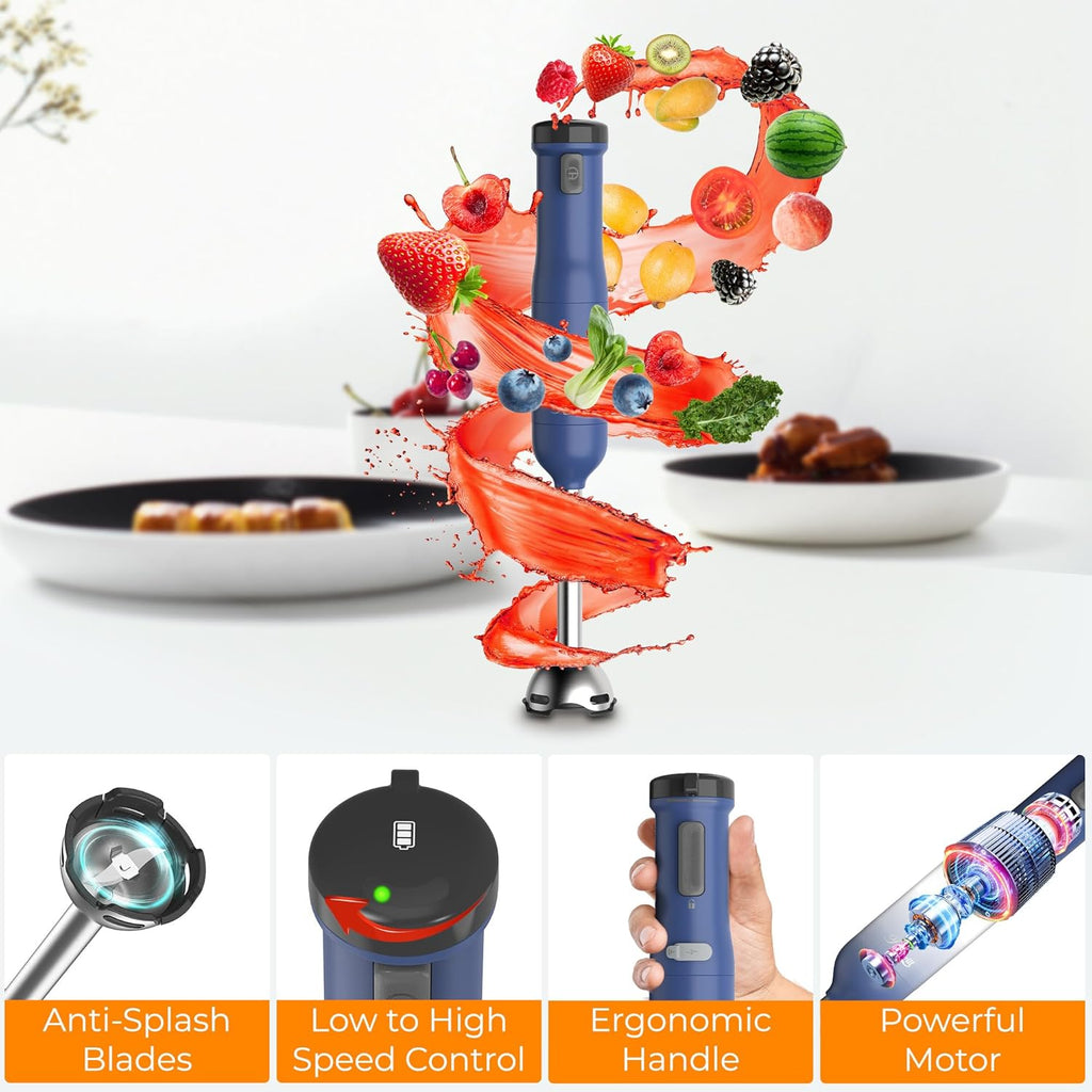 Rosewill 6-in-1 Cordless Immersion Hand Blender - Multi-Speed Heavy Duty Motor for Smoothies, Baby Food & Soup - Blue