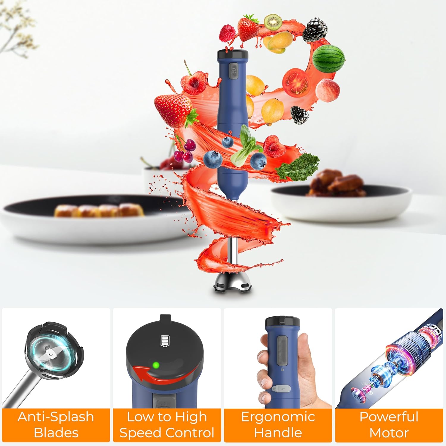 Rosewill 6-in-1 Cordless Immersion Hand Blender - Multi-Speed Heavy Duty Motor for Smoothies, Baby Food & Soup - Blue